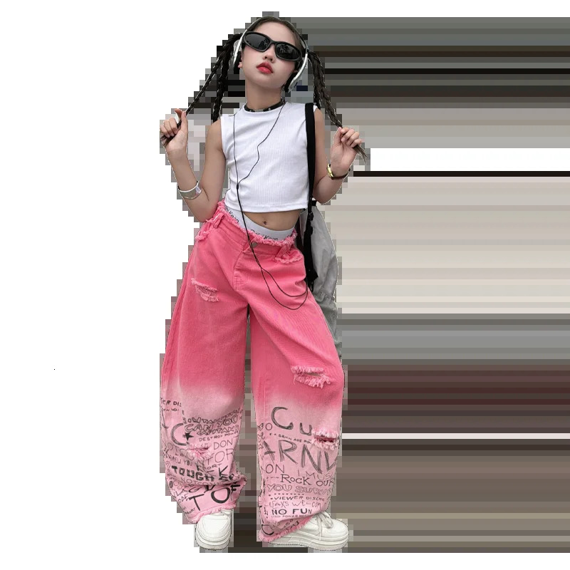 junior girls pink gradient color hole wide leg jeans cotton teenager kids Mop pants pant children trousers adolecentes 4 12 14 241213
