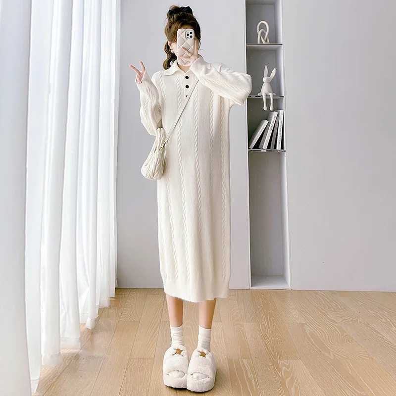 Korean Sle Autumn Materni Dress Button Fly Turn-down Collar Long Sleeve Pregnant Woman Knitting Dress Pregnancy Long SweaterXJ241213
