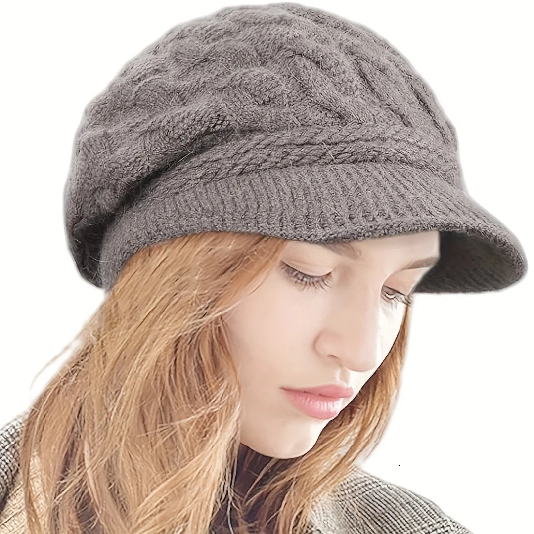 1pc Winter Knit Hats with Visor Brim Double Soft Lining for Women Warm Stylish Beanie Hats Slouchy Snow Caps 241214