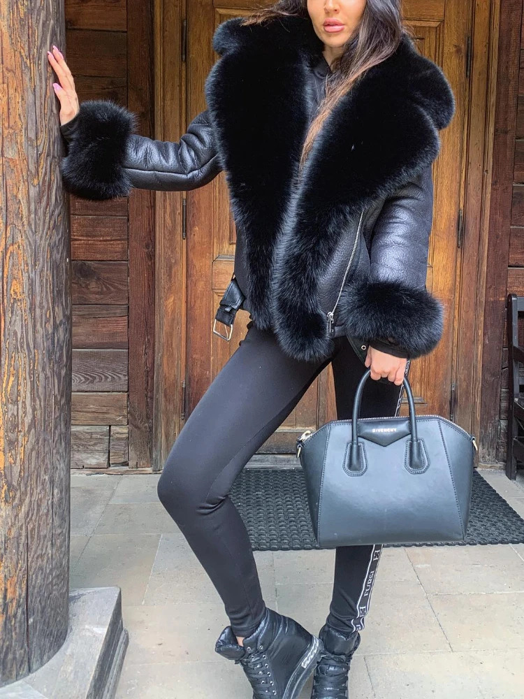 RR2830 Womens Retro Double sided Fur Lined Jacket Faux Fox Fur Collar Fluffy Warm Winter Coat Waist Leather Jacket 241210