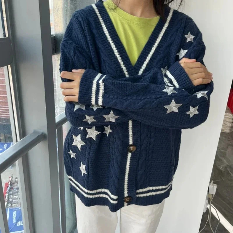 2025 Midnight Cotton Navy Blue Long Cardigan Women Y2k Autumn Loose Fitting TTPD Letter Embroidered Khaki Knitted 241210