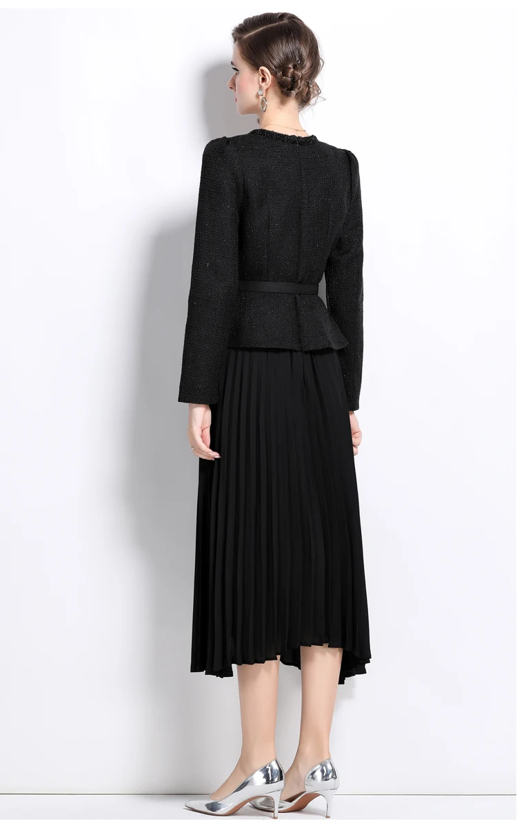 Runway Women Dresses Quality Autumn Crystal Long Sleeve Chiffon Tweed Midi Dress For Women Beading Diamonds Pleated Party Vestidos Belt Evening Robe 2