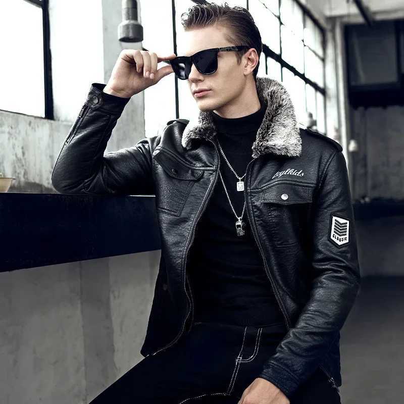2023 New Leather Coat Mens Fur Integrated PU Leather Jacket Motorcycle Mens Winter Thickened Leather Coat W241213