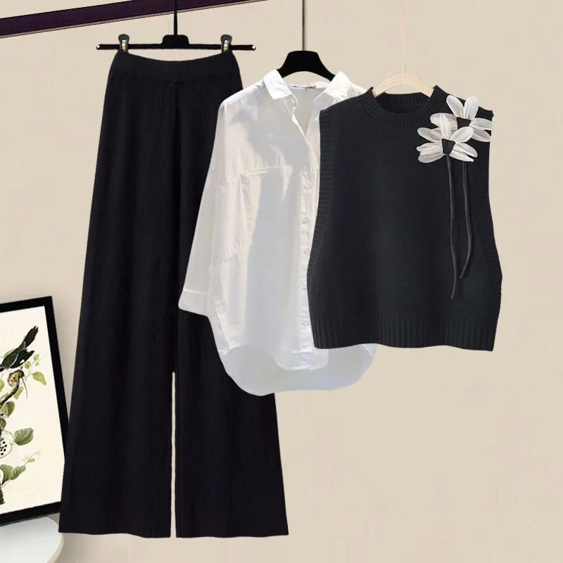 Autumn Winter Knitted 3 Pieces Set Office Ladies Elegant Vestwhite Shirtswide Leg Pants Sets For Women Clothing 2024 241203