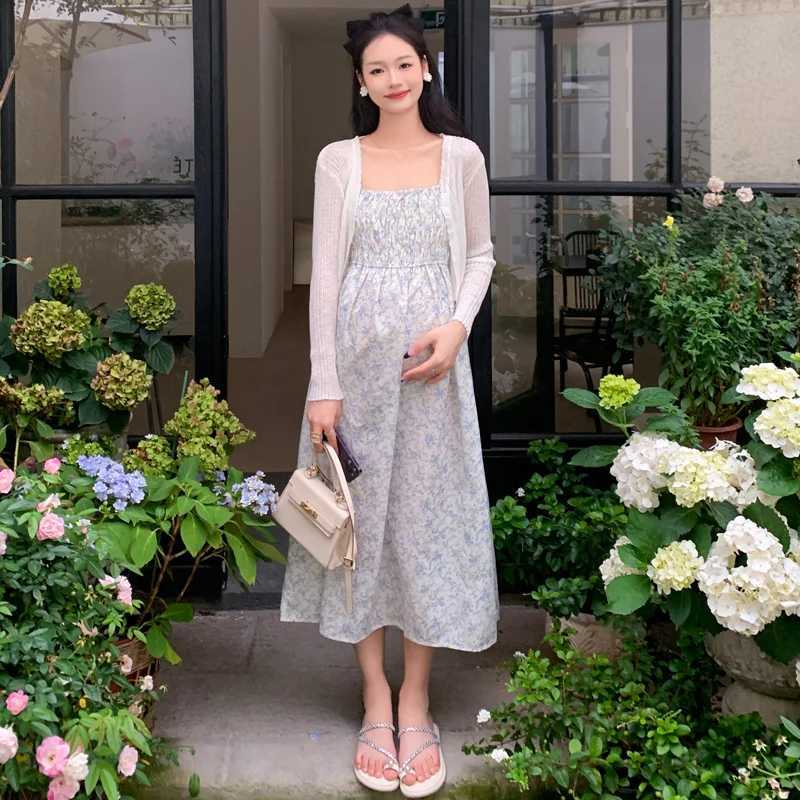 Materni Summer Floral Dress Sleeveless High Waist Stretched Pregnant Woman Strap Dress Elegant Pregnancy Chiffon Beach DressesXJ241213