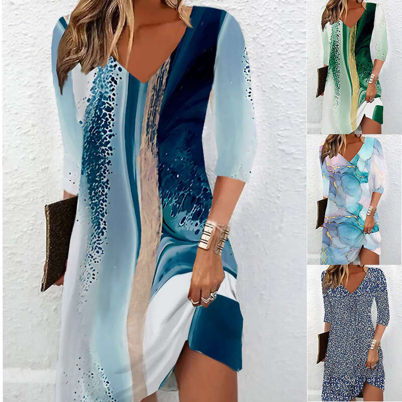 Autumn Printed Mid Sleeve V-neck Medium Length Dress for Women 2024 Versatile New Trendy Clothing Ins