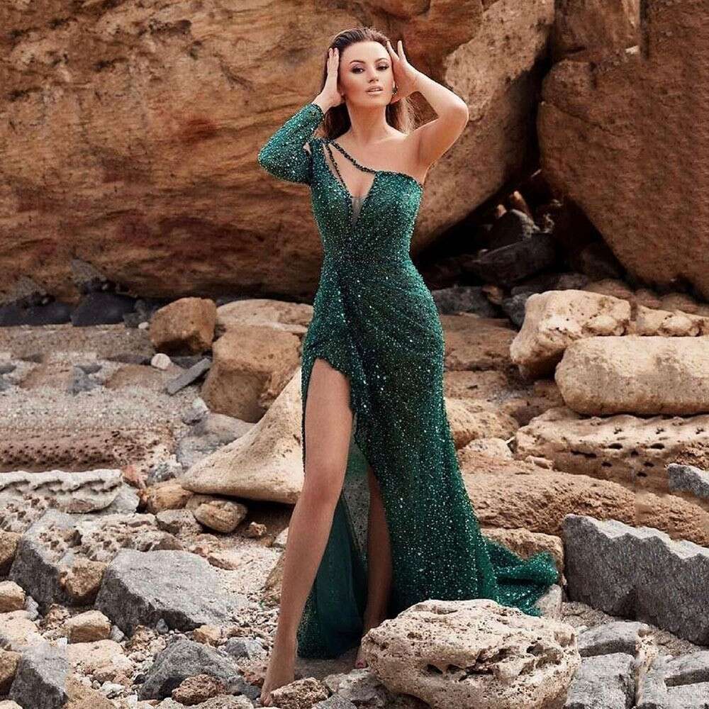 Women's Dreamy Socialite Party Quality Sexy High Slit Long Sleeved Sequined Banquet Evening Dress