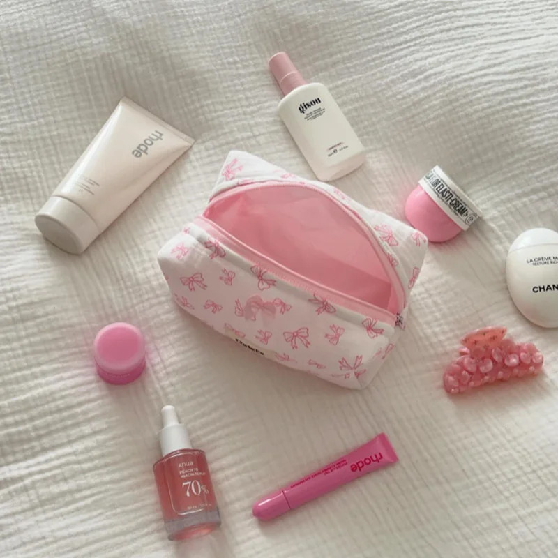 Bow Cosmetics Bag Pink Flower Makeup Organizer Skin Perfect Gift Cleaning Bag Travel Cosmetics Storage Bag 241212