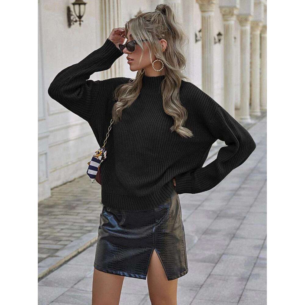 European American autumn and winter women's clothing, long sleeved solid color, semi high neck knitted sweater, base sweater wholesale