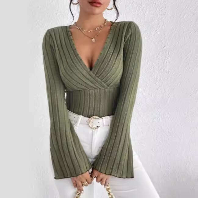 2024 Summer New Cross Deep V-neck Trumpet Base T-shirt for Women