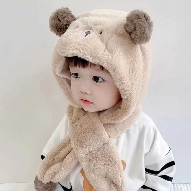 Cute Bear Baby Plush Hat Scarf Gloves Winter Thick Warm One-Piece Beanie Cap for Boy Girl Kids Hood Headgear Bonnet W241213
