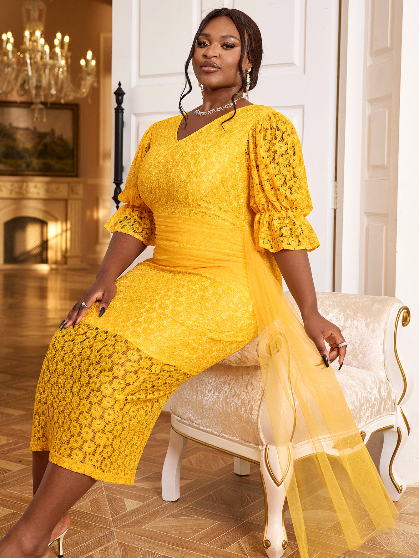 Large Yellow Designer Mermaid Ball Lightweight Dress Special Occasion Lace Sequin Evening Dress Party Birthday Engagement Dress Dress