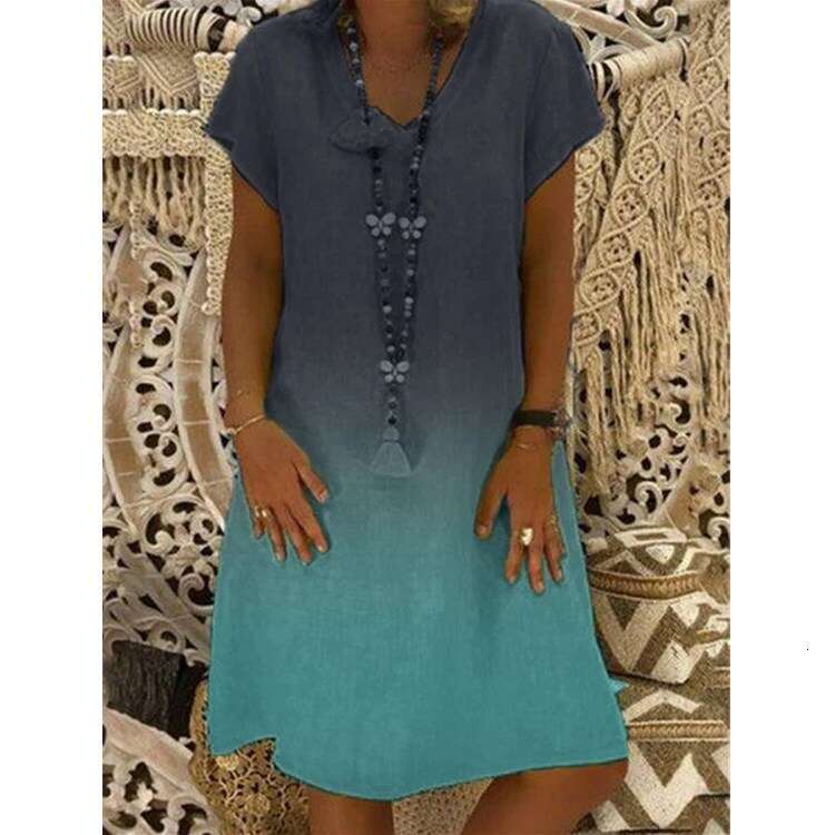 Women's 2021 gradient printed knitted short sleeved V-neck dress 2024 new casual fashion trend clothing