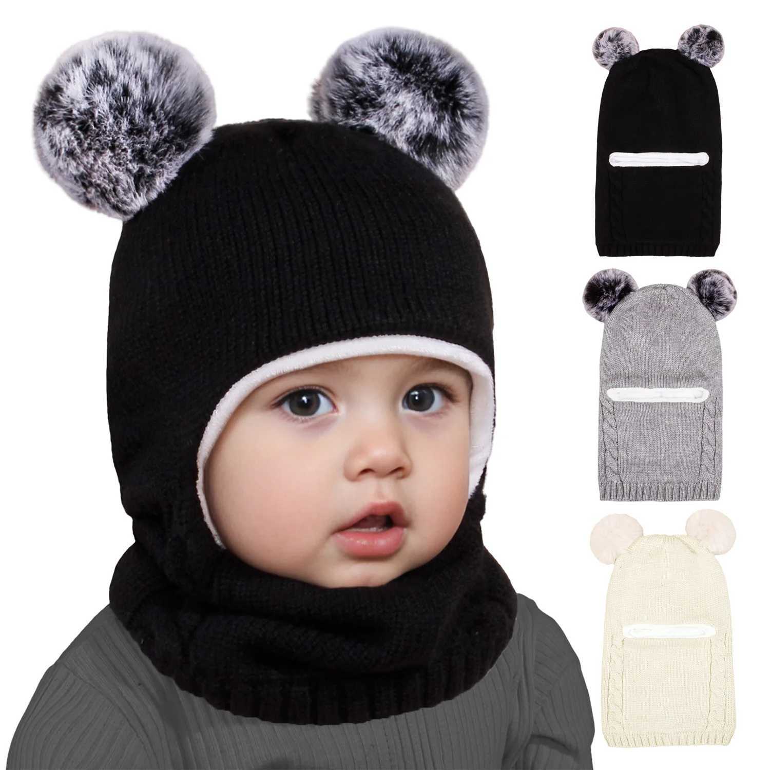 Winter Childrens Balaclava Hat Double Puff Knitted Bean Hat Baby Boys and Girls Warm Thick Wool Lining Childrens One Piece Hat Scarf W241213