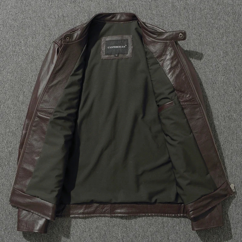 Top Layer Cowhide Jacket Fashion SlimFit Stand Collar Leisure Bomber 100 Genuine Leather Mens Vintage Short Zipper M 241214