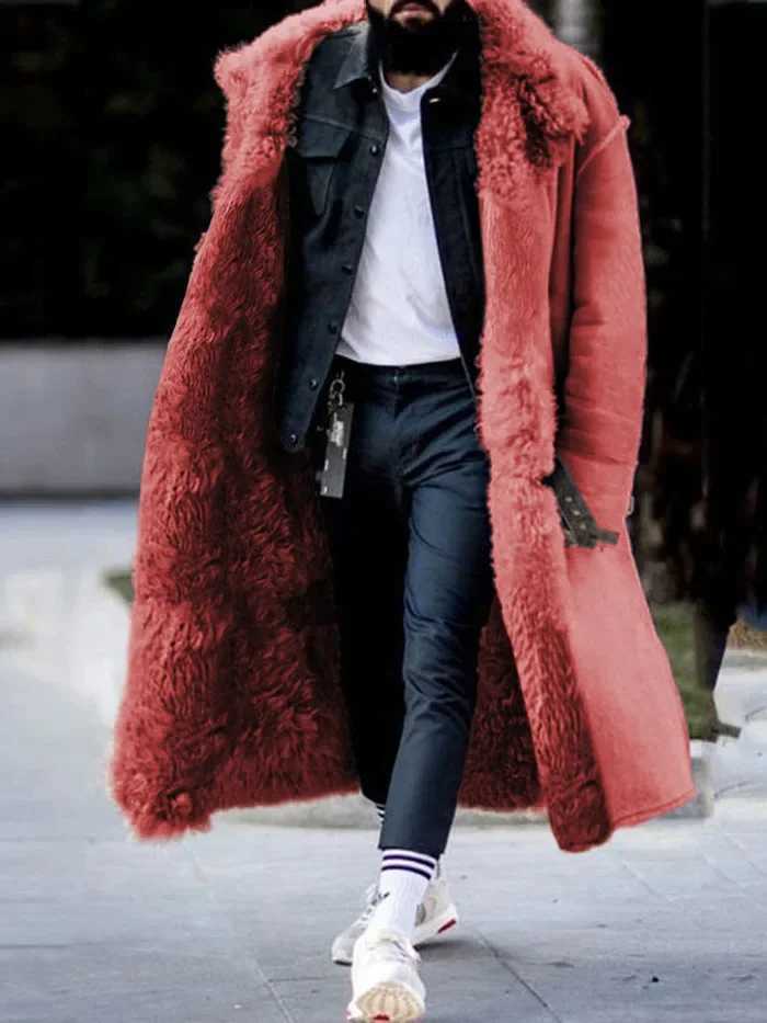 Mens autumn and winter coat faux fur leather jacket solid color long sleeved button collar warm casual fashionable comfortable regular W241213