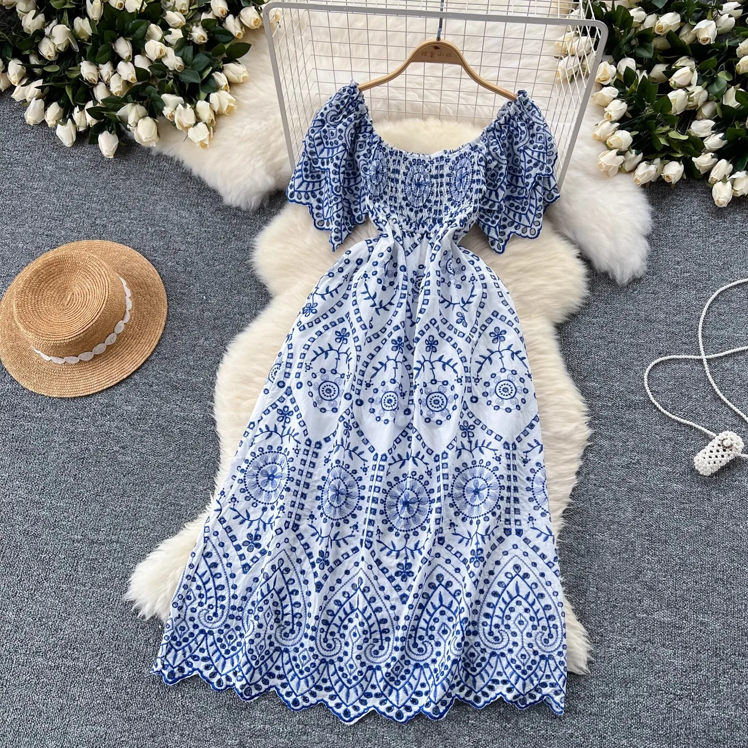 Basic Casual Dresses Summer Beach Holiday Embroidery Cotton Dress Women Butterfly Sleeve Sexy Slash Neck Blue White Porcelain Floral Backless Vestido 