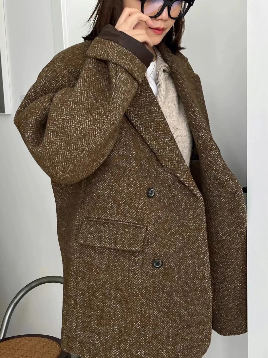 Womens Blazer Wool Blend Trench Woolen Pocket Jacket Fashion V Neck Long Sleeve Coat Female Fall Winter Chic Office Streetwear 241209