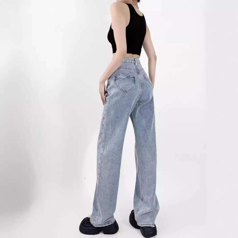 Autumn Hot Girl High Waist Loose Heart Pocket Wide Leg Jeans Women's Washed Straight leg Cowboy Pants Trendy 2024 New Style Stylish and Elegant C