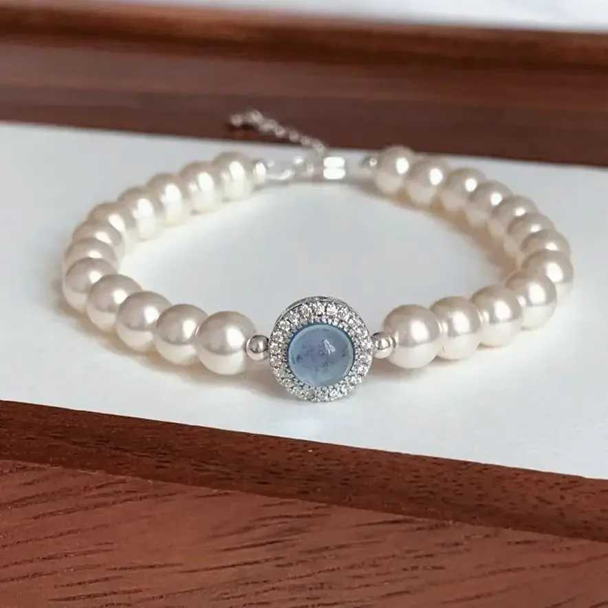 925 Sterling Silver Pearl Bracelet For Women French Luxury Designer Blue Crystal Charm Bracelets Fashion Party Wedding JewelryXJ241214