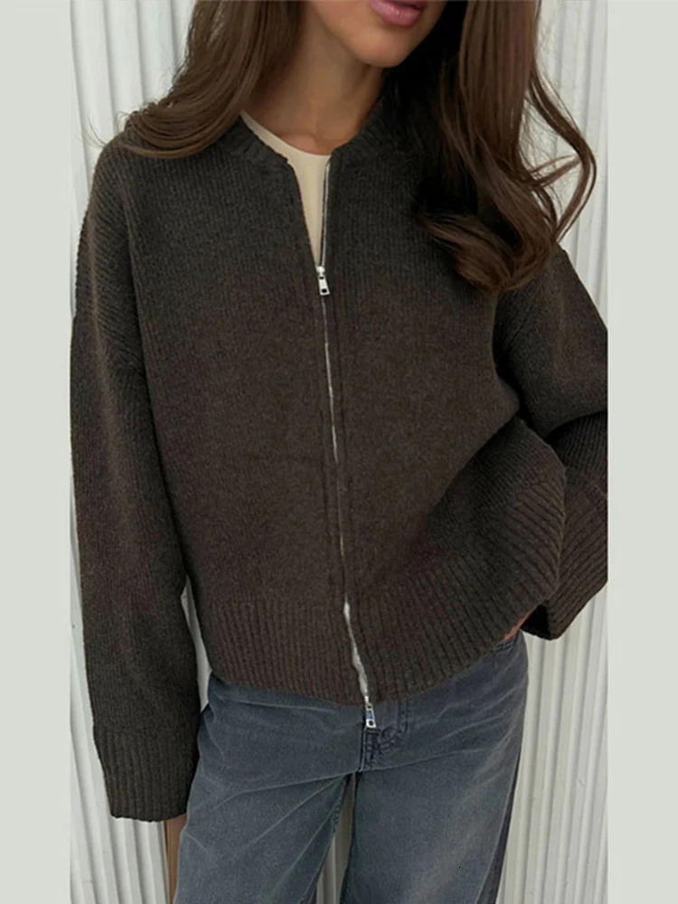 Casual Knit Solid Women Cardigan O Neck Slim Full Sleeve Zipper Lady Sweater 2024 Autumn Winter Female Overcoat 241214