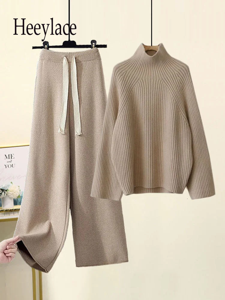 Winter Warm Knitwears Sets For Women Turtleneck Long Sleeve Pullover Sweaterhigh Waist Wide Leg Drawstring Knitted Pants 241203