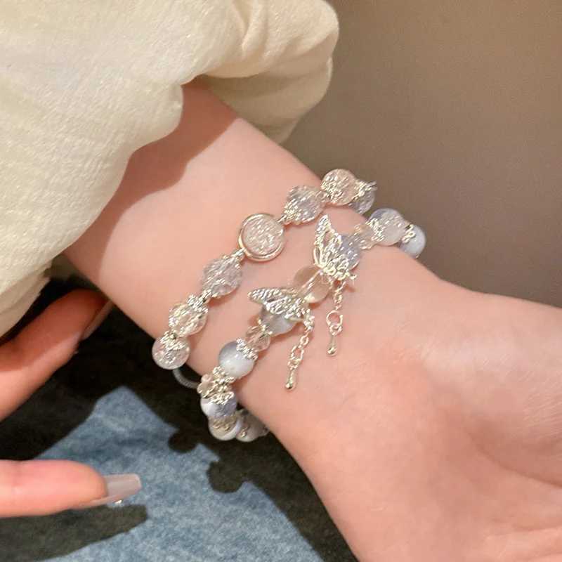 Sweet Pink Crystal Beads Bracelets for Women Girls Korean Fashion Bow Pendant Tassel Chain Bracelets Summer Jewelry AccoriesXJ241214