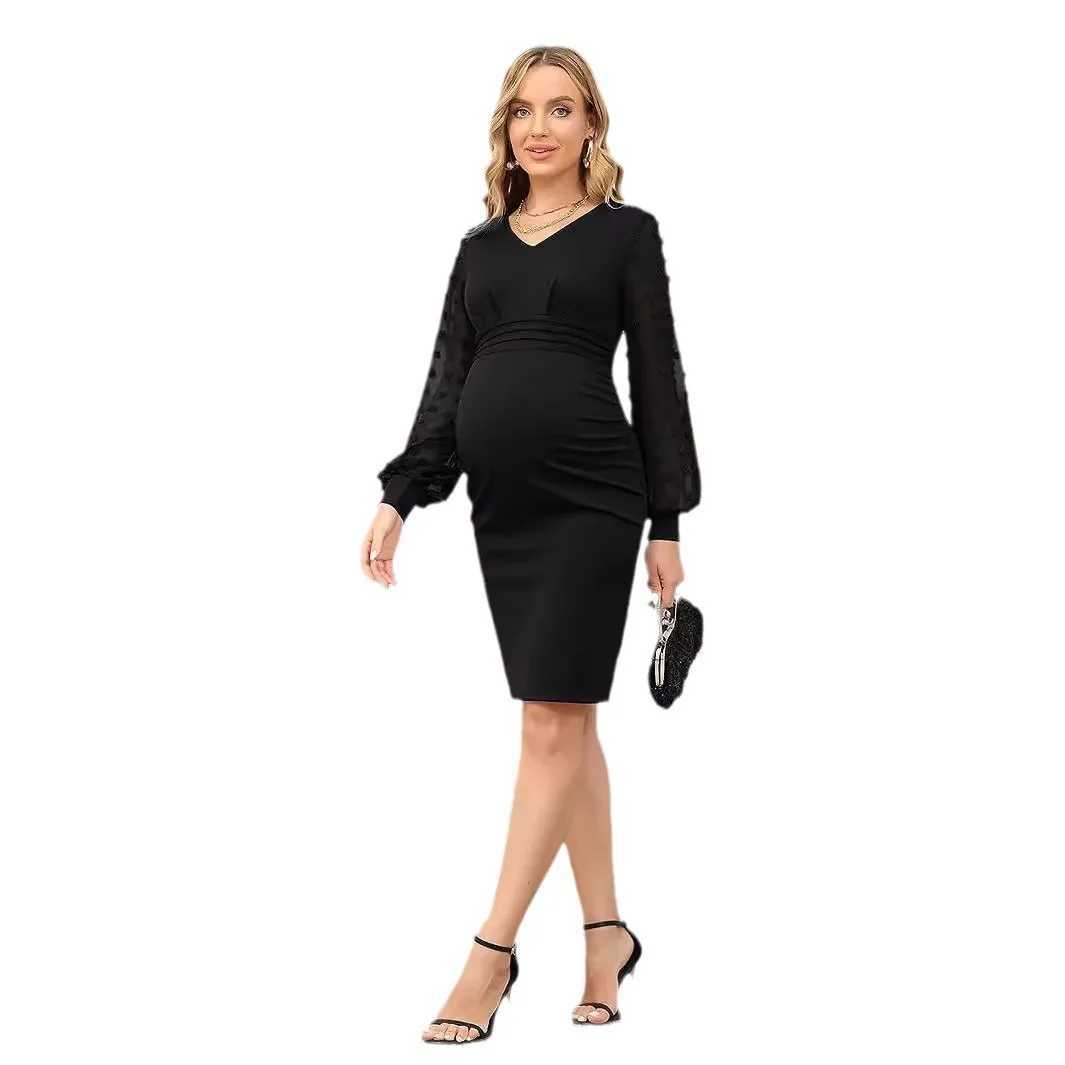 Materni Dress Pregnancy Dresses V-neck Splicing Long Sleeve Materni Womens Dress Through Waist Pleated Elegant TemperamentXJ241213