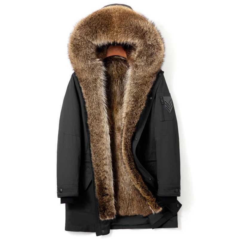 Winter natural fur jacket mens clothing medium length Parka gold satin lined coat fashionable warm fur coat big raccoon fur collar W241213