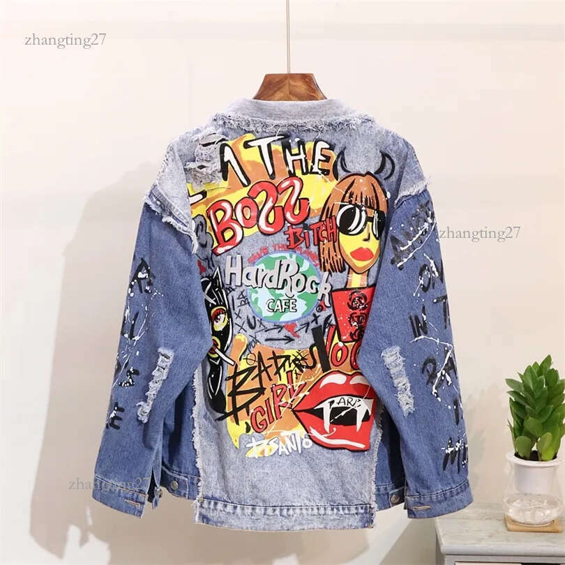 Autumn New Fashion Denim Coat Women Harajuku Graffiti Print Worn Out Long Sleeve Denim Jacket Girl Students Jeans Coats Outwear T200319