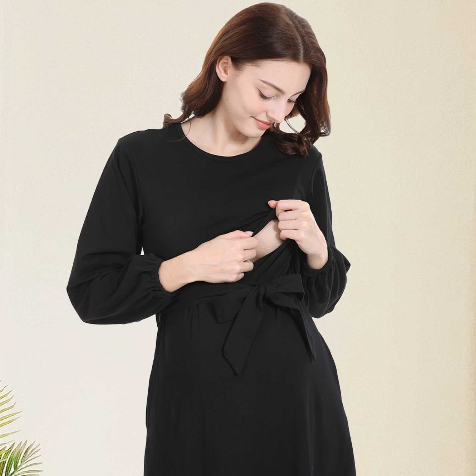 Solid Materni Dress Breastfeeding Dresses Nursing Clothes Casual Spring Autumn Pleated Long Dress For Pregnant Women Plus SizeXJ241213