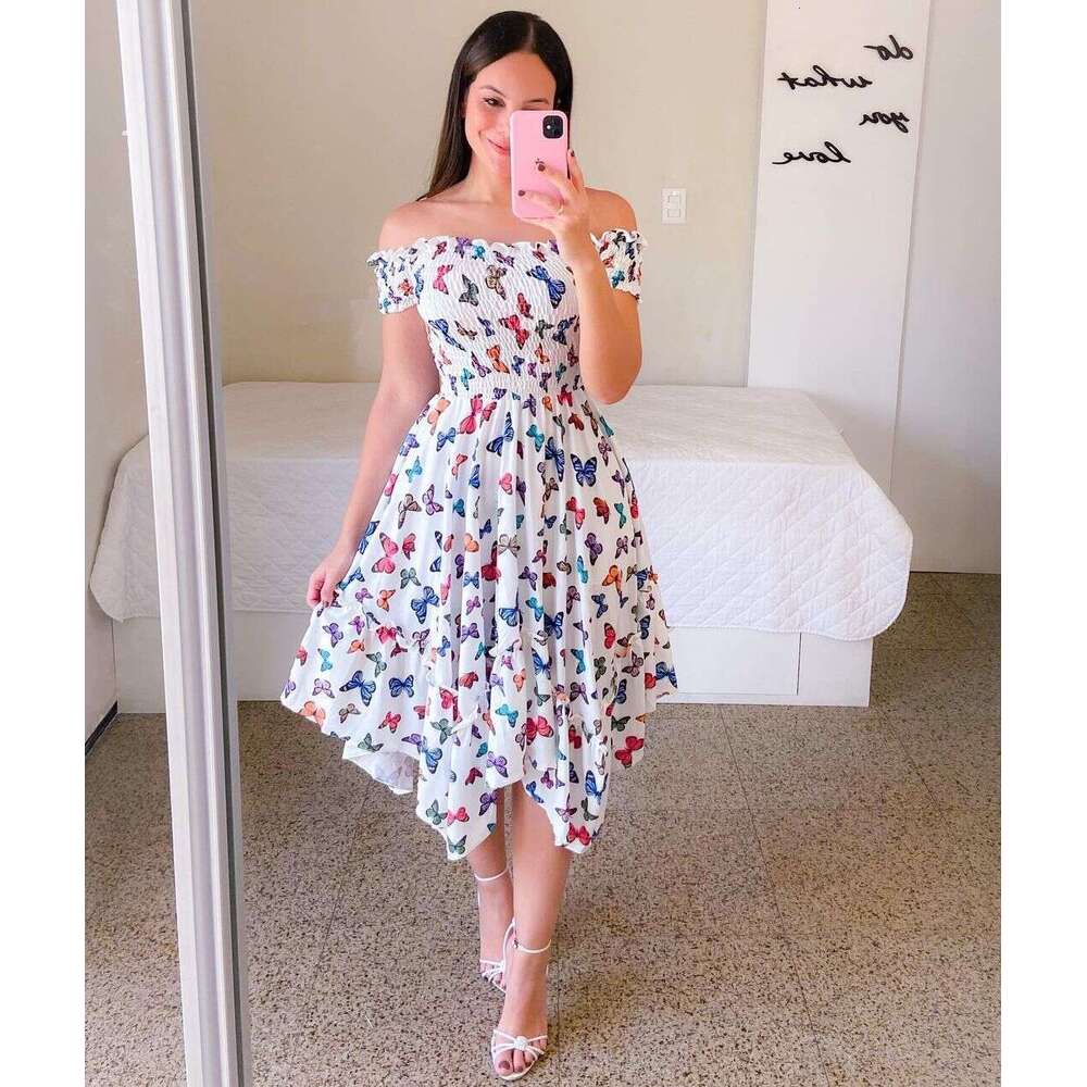 Cross Border One Collar Asymmetrical Off Shoulder Short Sleeved Digital Printed Dress From Europe And America