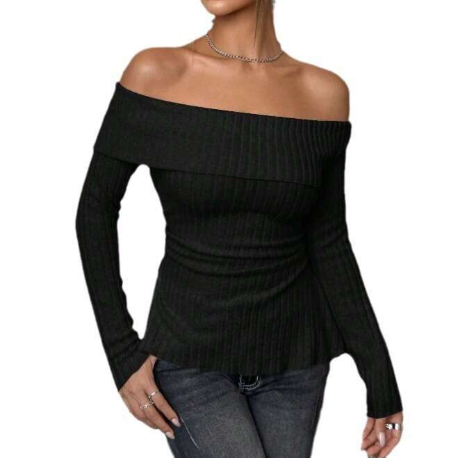 Hot selg European American 2023 autumn and winter new item solid color long sleeved one collar hem slit top for women