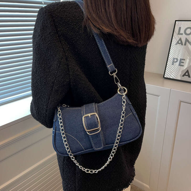 Advanced Denim Small For Women, New European And American Style Fashionable Single Shoulder Crossbody Bag, Chain Armpit Baguette Bag