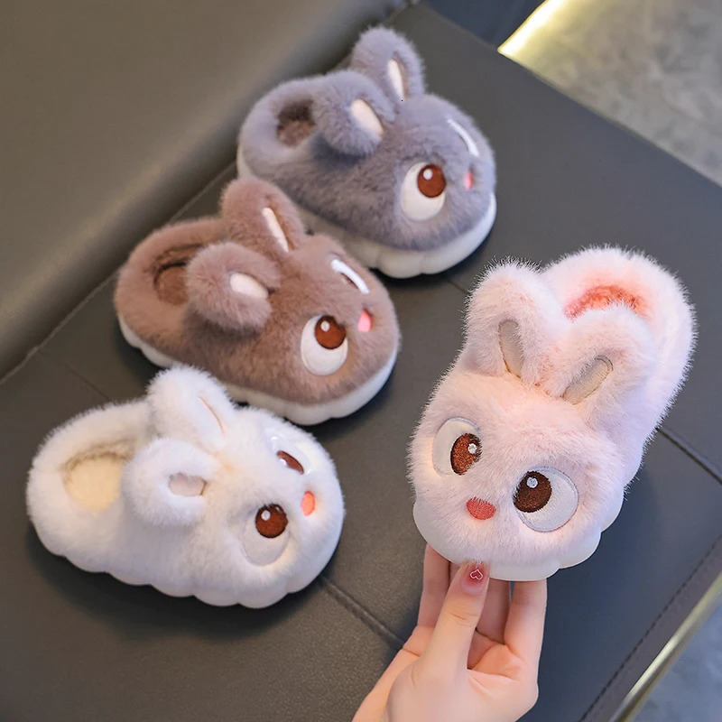 Winter Cute Big eyed Rabbit Childrens Waterproof Warm Non-slip Fluffy Slippers For Girls Boys Kids Indoor Home Cotton Shoes 241213