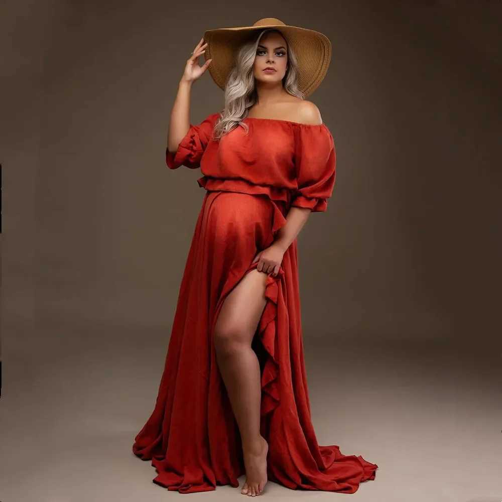 Boho Rust Cotton Materni Photoshoot Long Dress Bohemian Cotton 2 in 1 Pregnancy Photography DressXJ241213