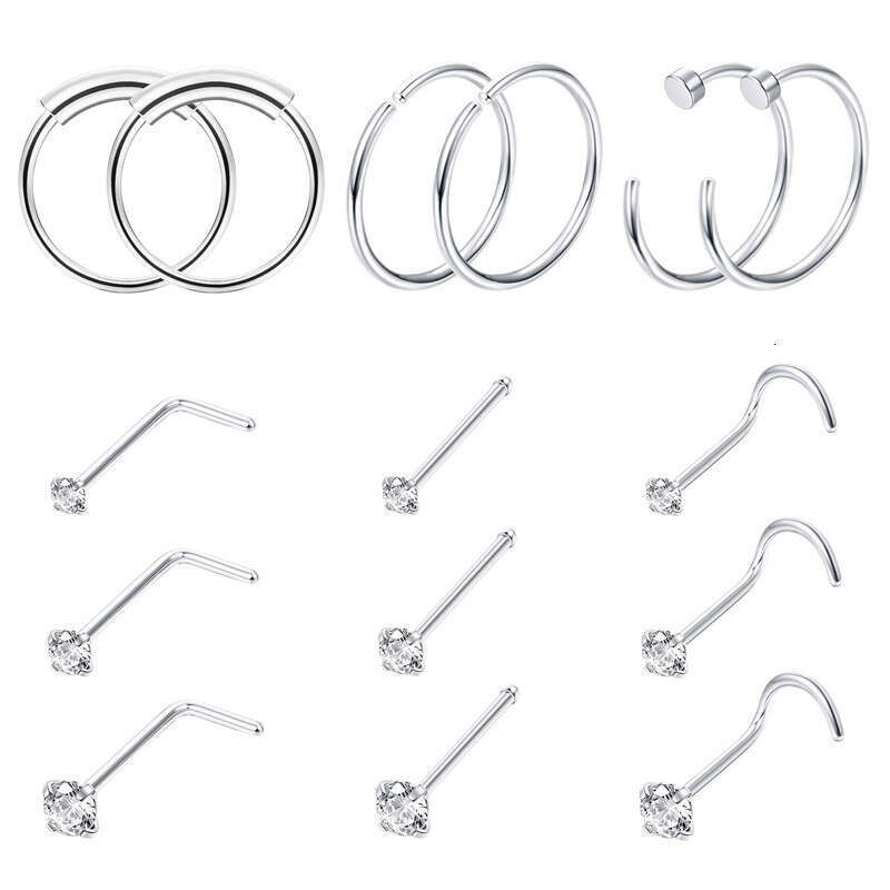 LALAVARA 12 pieces Stainless Steel Zircon Nose Stud Nose Ring Piercing Jewelry Mixed Set Nose Hoops Nose Accessories