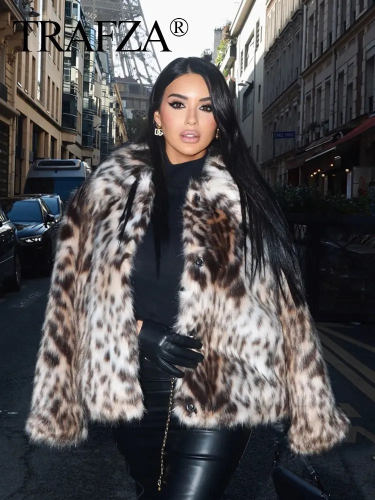 TRAFZA Female Winter Vintage Leopard Printed Fur Coat Long Sleeves Lapel Loose Warm Retro Jacket Causal Street Coats 241213