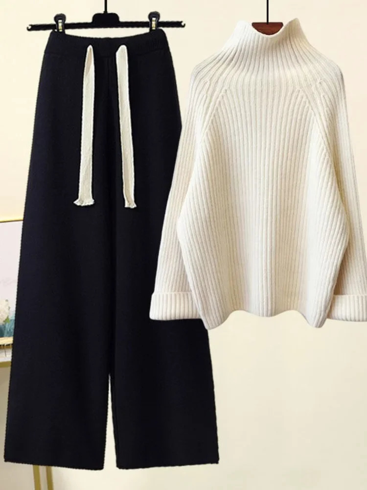 Winter Warm Knitted Suit Women Long Sleeve Half Turtleneck Knitting Sweater And Wide Leg Pants Sets Outer Wear Loose Set N437 241203