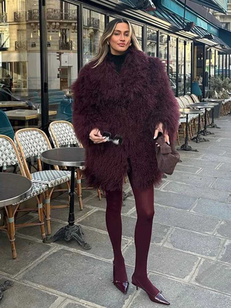 Womens Elegant Wine Red Faux Fur Coat Fashion Lapel Long Slve Fluffy Plush Warm Outerwear Lady Vintage Winter High Strtwear X241214