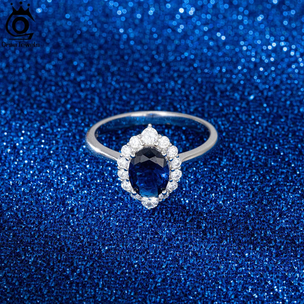 ORSA JEWELS Female 925 Sterling Silver Sapphire Oval Shaped Rings with CZ Cubic Zirconia Gemstone Blue Solitaire Ring Gift LZR09 241214