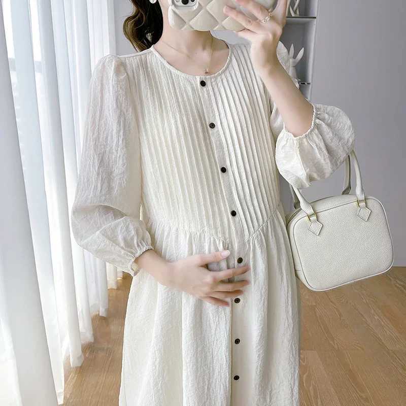 2025 spring materni fashion loose dress long sleeve o-neck plus size pregnant woman a-line dress button fly pregnancy clothesXJ241213