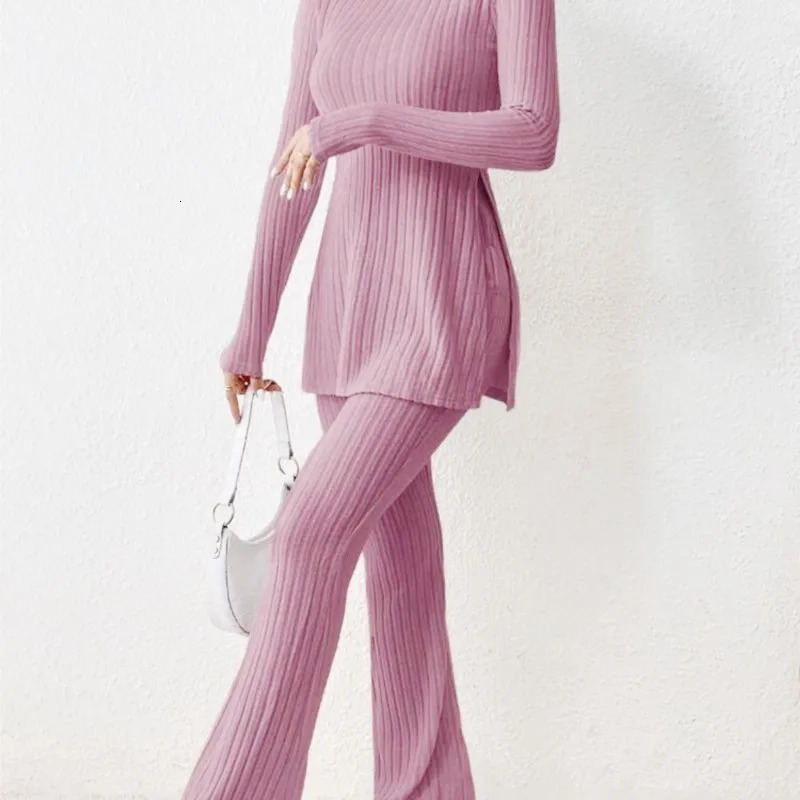 Autumn Winter Womens Clothing Style Solid Color Sexy Casual Long Sleeved Round Neck Slit Fashion Temperament Twopiece Set 241203