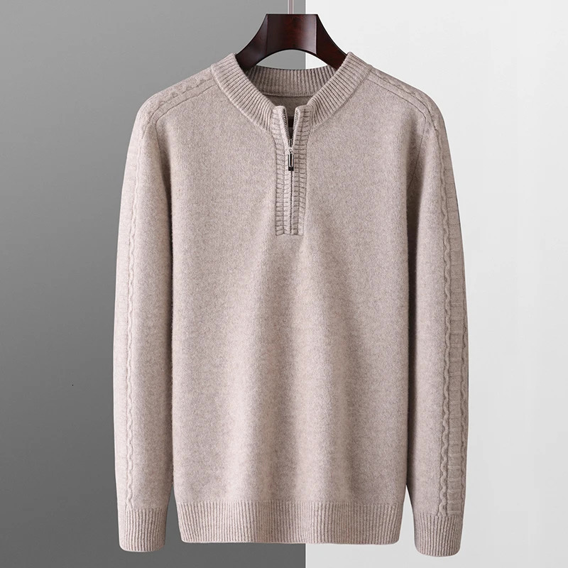 Mens Autumn and winter seven stitches 100% pure wool sweater mens thick sleeve flower round neck half zip knit pullover JB086 241213