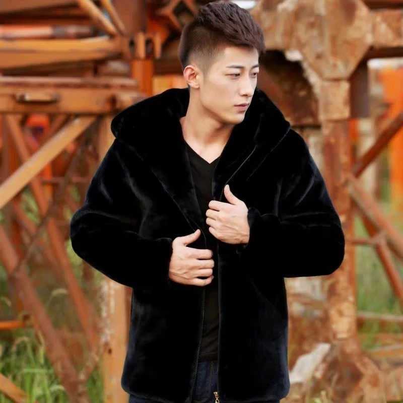 Mens winter warm faux fur mink jacket mens solid color casual soft plush fluffy hooded jacket outerwear W241213