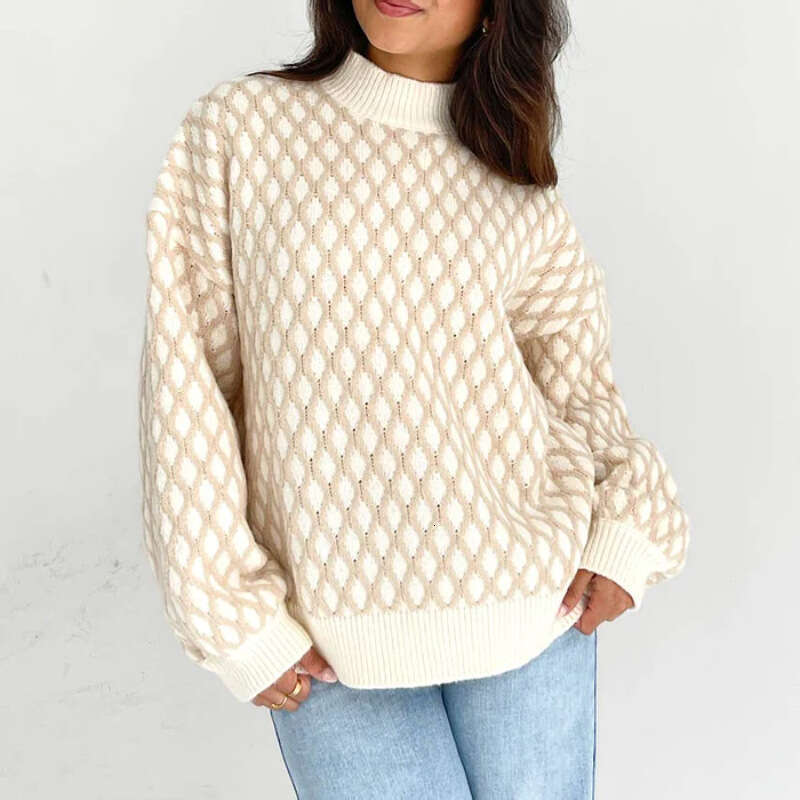 2024 autumn winter new European and American knitted top women's round neck plaid lantern sleeves loose pullover sweater for women