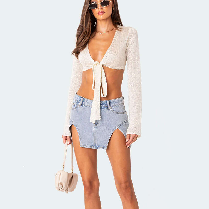 2024 top woolen women's clothing European and American V-neck sexy exposed navel short knitted sweater cardigan for women