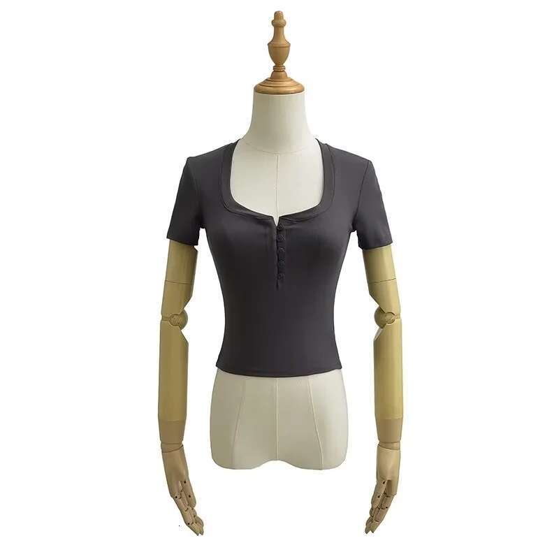 Spicy girl round neck half open button slim fit shoulder T-shirt for women's summer wear, tight fitting and slimming short sleeved top base shirt