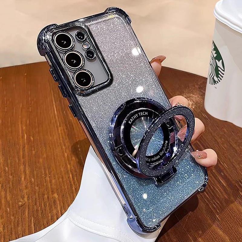 Luxury Four Corner Bling Glitter Clear Soft TPU Ring Stand Magnetic For Magsafe Wireless Cases For Samsung S22 S23 S24 S25 Ultra Plus A05 A05S A16 A06
