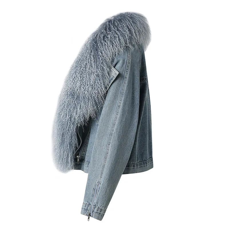 comer Fluffy Genuine Mongolian Fur Denim Jacket Women Big Neck Natural Fur Coat Fashion Denim Coat 241210